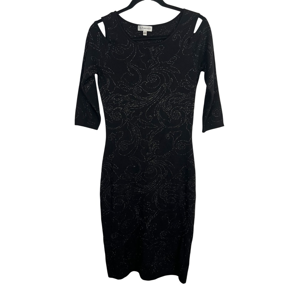 Neiman Marcus Black Silver Lurex Cold Shoulder Knit Sheath Dress - Sz Medium
